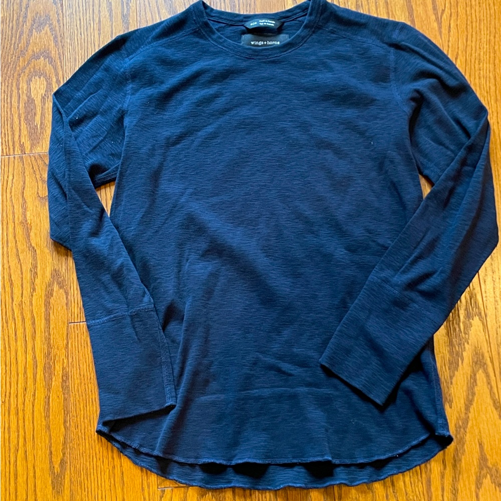 Wings + Horns 1x1 slub long sleeve tee. Medium. Vote Navy.